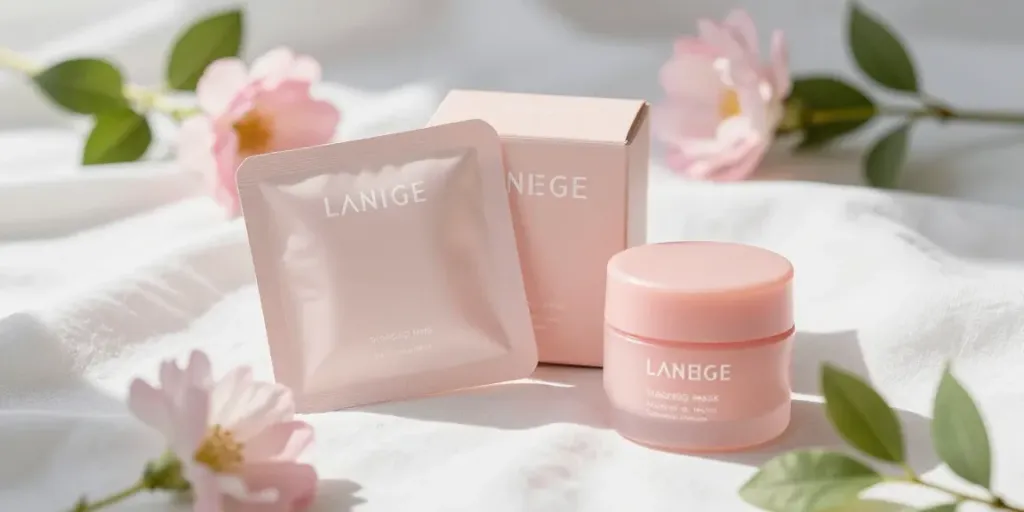Laneige verzorgingsproducten, waaronder het Water Sleeping Mask en het Lip Sleeping Mask, prachtig weergegeven met bloemen en bladeren.