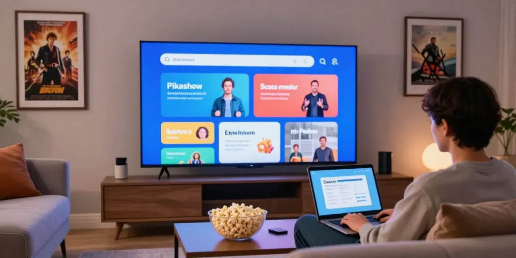 Pikashow for Windows showing a user-friendly interface in a cozy living room.