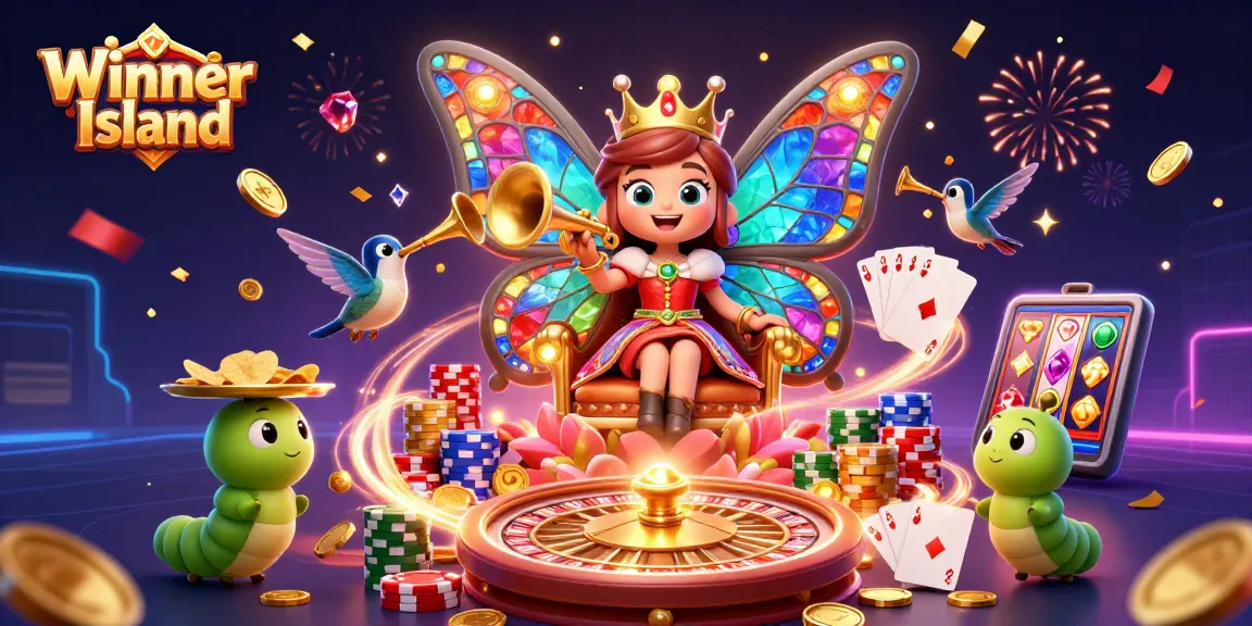 Experience the excitement of Winner Island with a vibrant 3D casino scene rich in gaming elements and rewards.