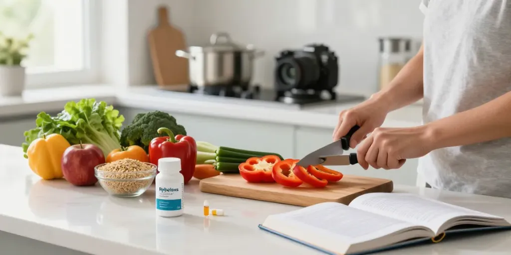 Rybelsus kopen voor een gezonde levensstijl, met verse groenten en recepten in de keuken.