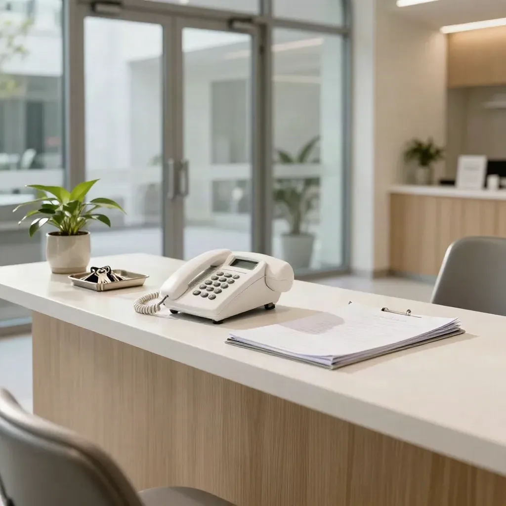 Receptiebalie van een tandartspraktijk met trillerende telefoon, sleutelbak en plant