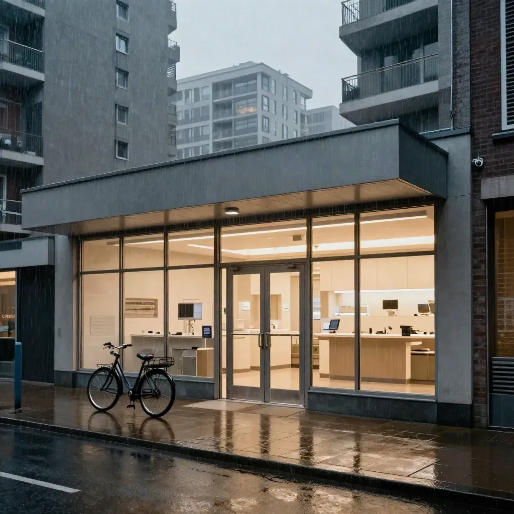Verlichte spoedtandarts in Rotterdam in de regen, met fiets op de stoep en hoge torens erboven