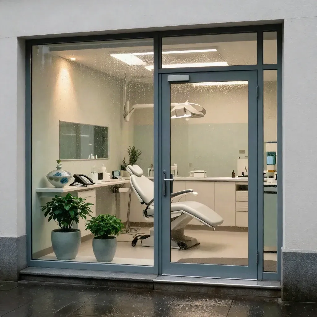Nederlandse tandartspraktijk-entree na regen met witte stoel, glas, planten en natte stoep.