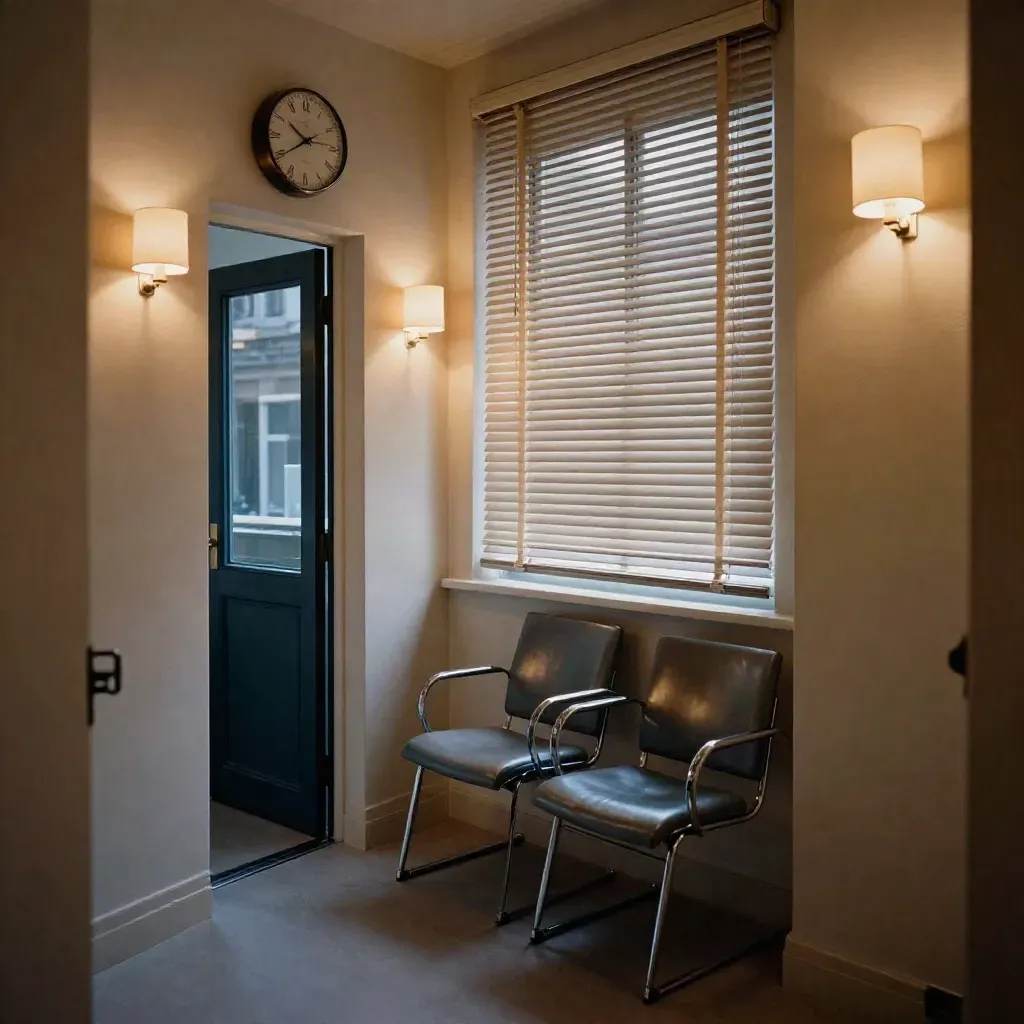 Donkere praktijkgang met halfgesloten jaloezieën, brandende lampen, klok en lege stoelen.