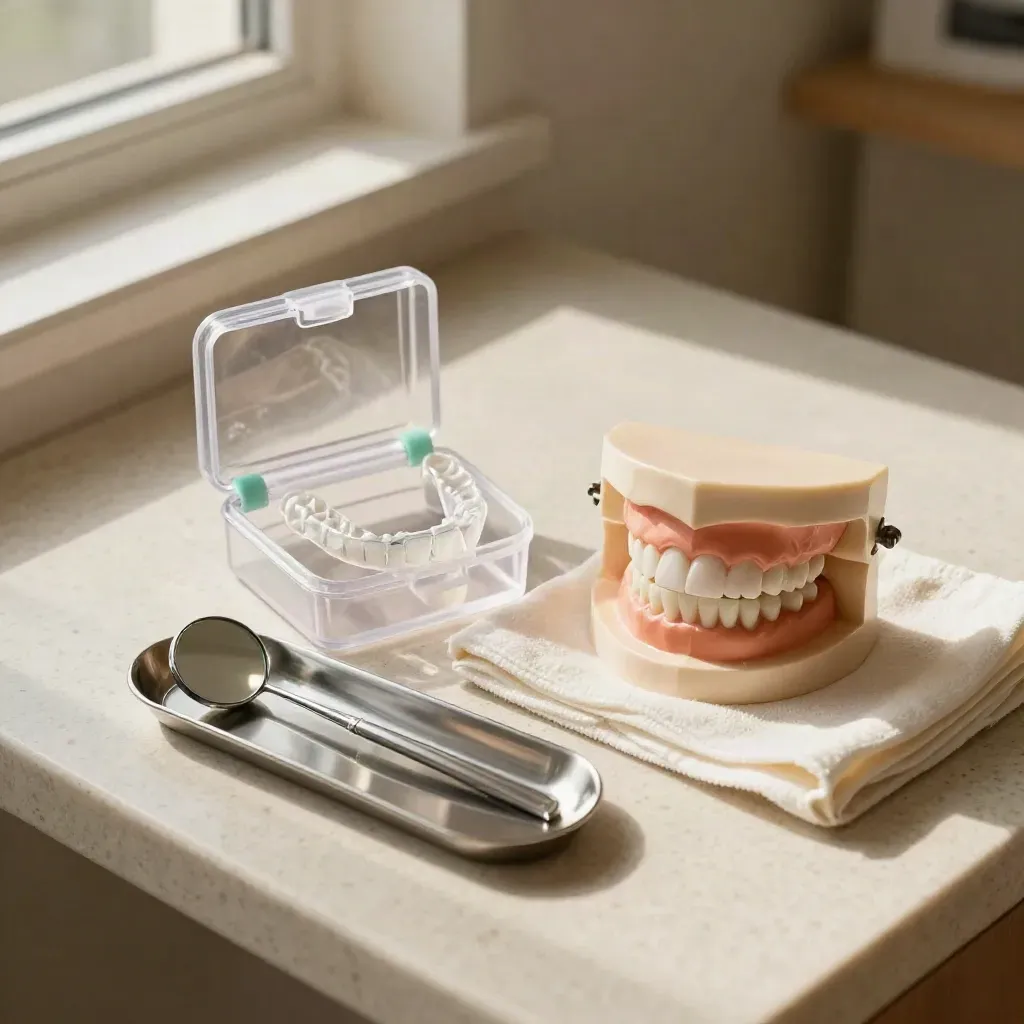 Orthodontie-set met alignerbox, model, spiegeltray en doek op travertin, van boven gezien