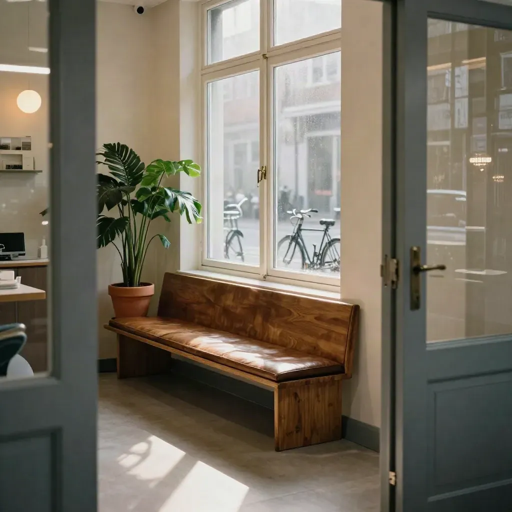 Amsterdamse praktijklobby met houten bank, planten, mist buiten en fietsreflecties in het raam.