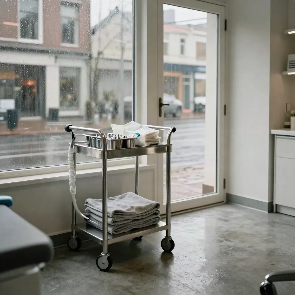 Rotterdamse tandartsruimte met trolley, open deur en regen op de vloer