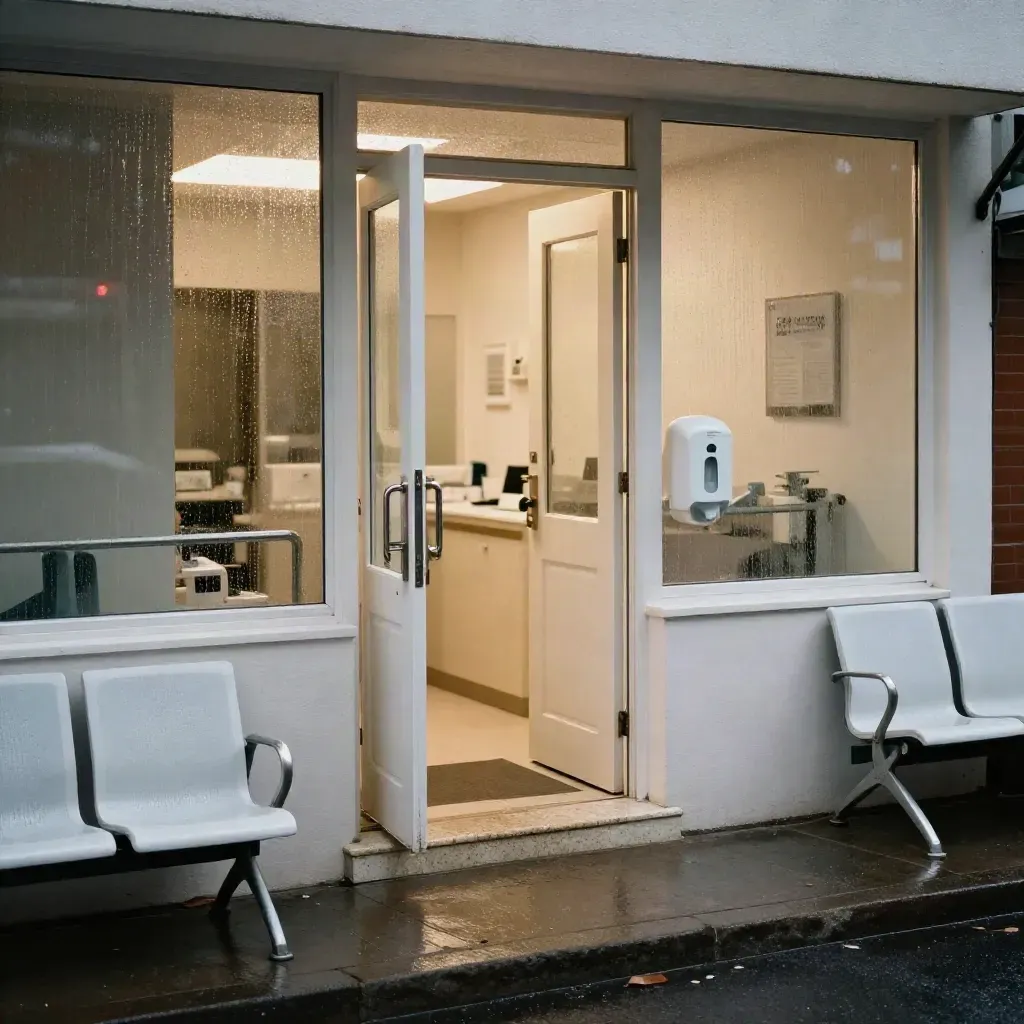 Open spoedpraktijk bij natte stoep, warm licht uit de ontvangst, regen op het asfalt