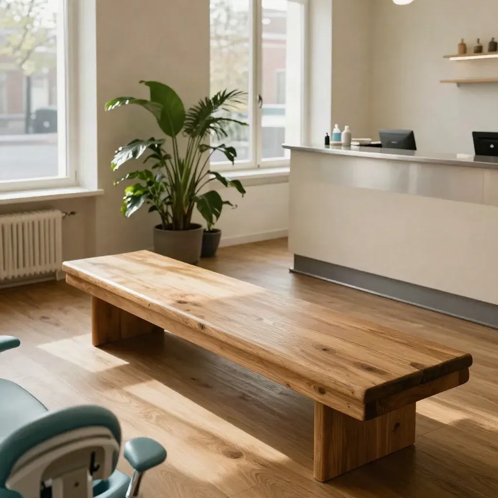 Praktijkinterieur in Utrecht-Oost met houten bank, balie, planten en licht door hoge ramen.