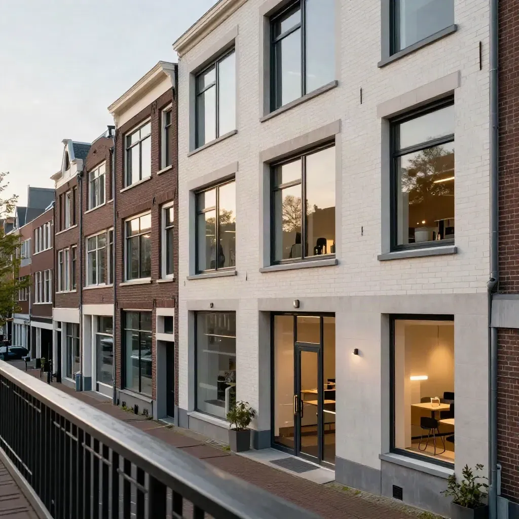 Vier tandartsfacades in één stadswand, schuin van boven in zacht namiddaglicht.