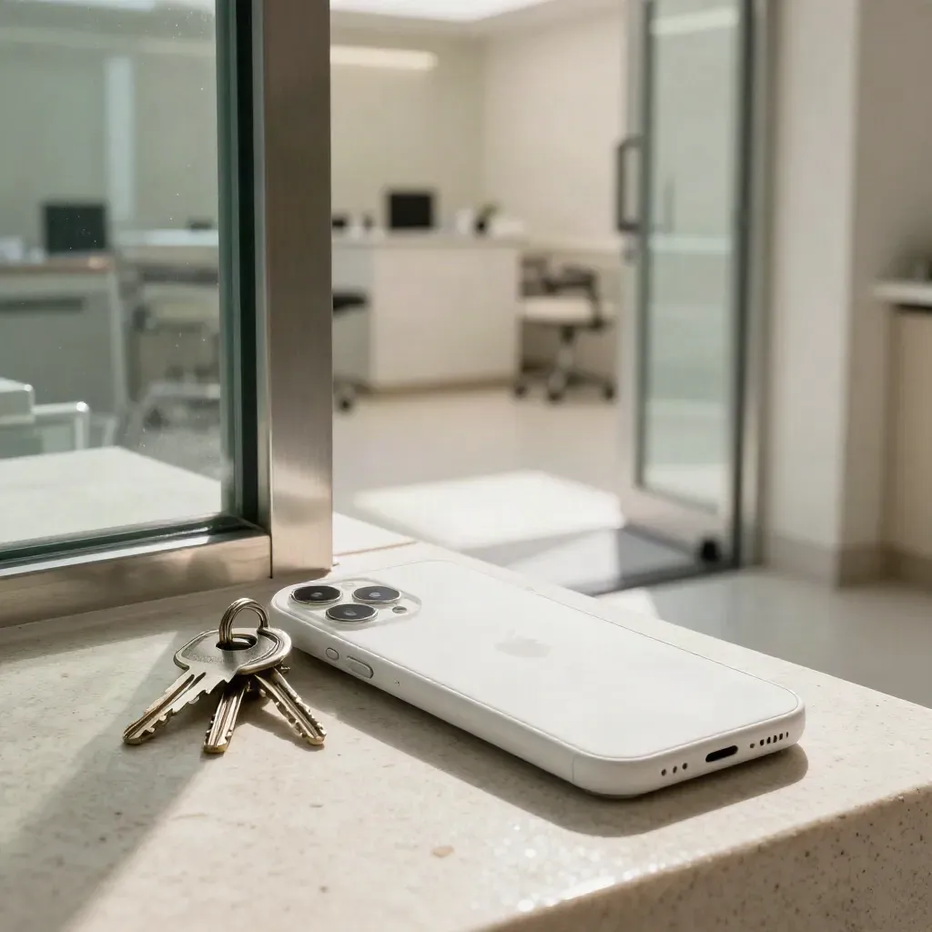 Open praktijkdeur met telefoon, sleutelbak en mintgroene route naar de ontvangst.
