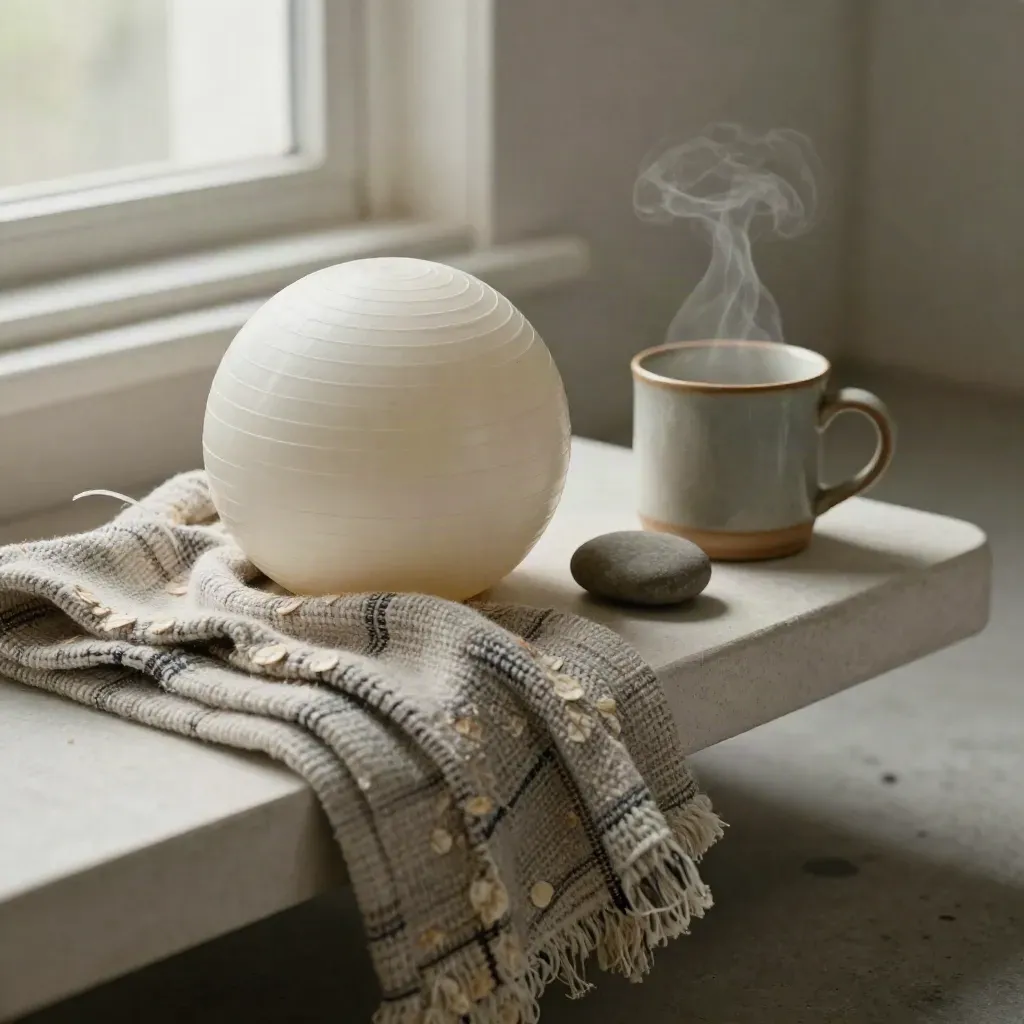 Rustige wachtkamerhoek met stressbal, plaid, mok en steen in zacht licht.