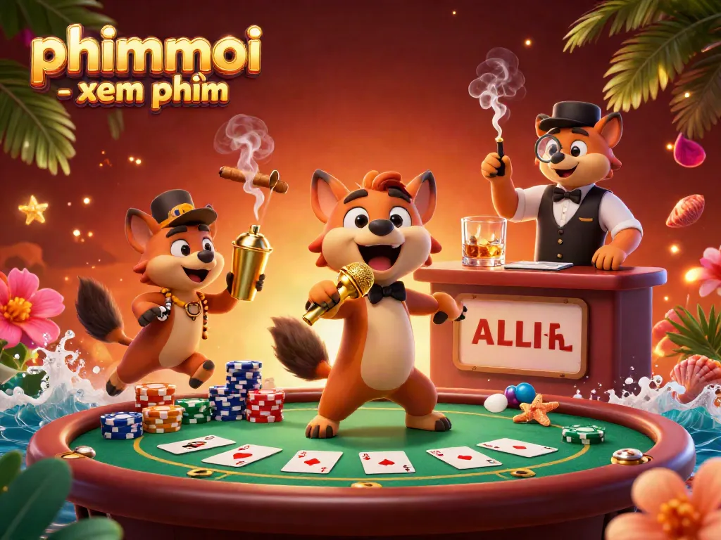 Engage with phimmoi - xem phim at a vibrant cartoon casino with hyenas enjoying laughs and gaming.