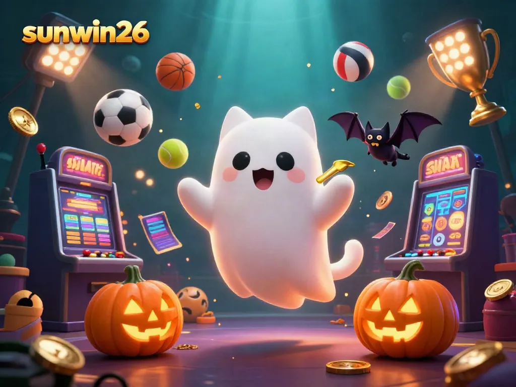 Experience the excitement of sunwin26 with a ghost cat and bat in a vibrant haunted casino scene.
