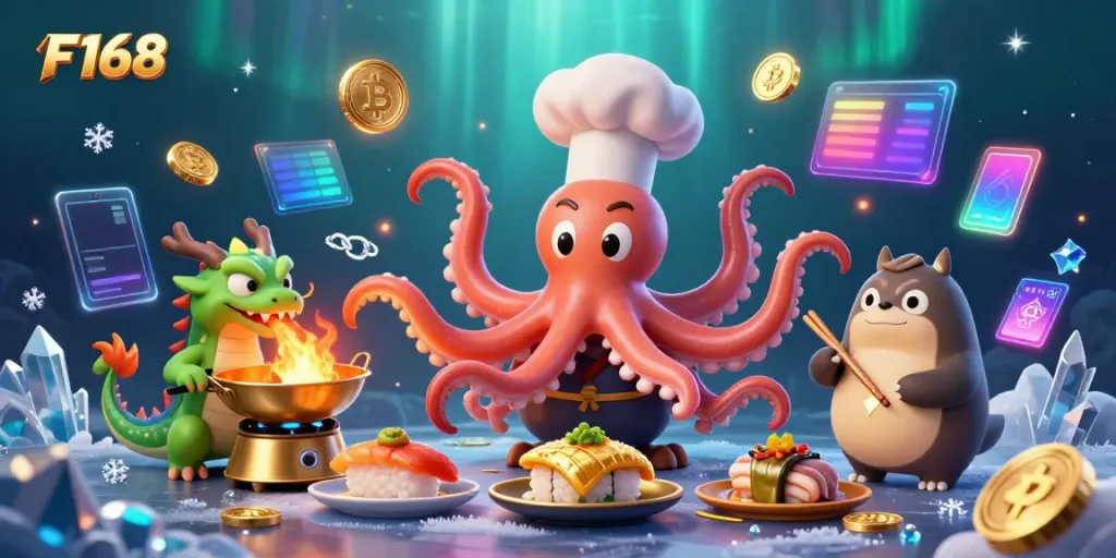 Experience F168's vibrant gaming atmosphere with a unique sushi chef octopus and dragon duo preparing golden dishes.