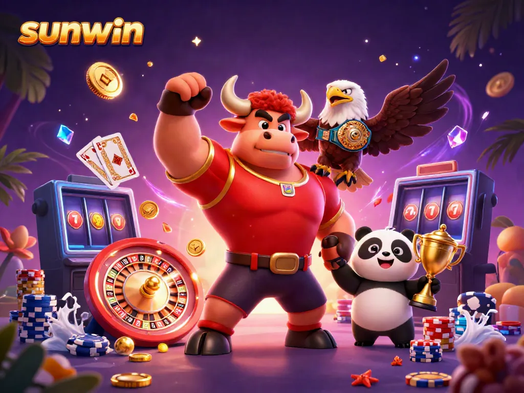 Experience thrilling wins at sunwin with a celebratory bull mascot and buddies surrounded by casino elements.