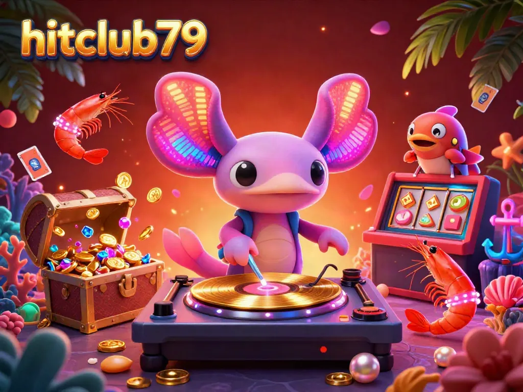 Experience excitement with hitclub79 through a vibrant underwater casino scene alive with neon characters and treasure.